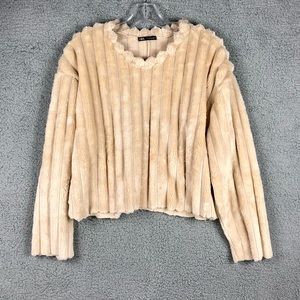 Zara Cream/tan Faux Fur Pullover Long Sleeve Top